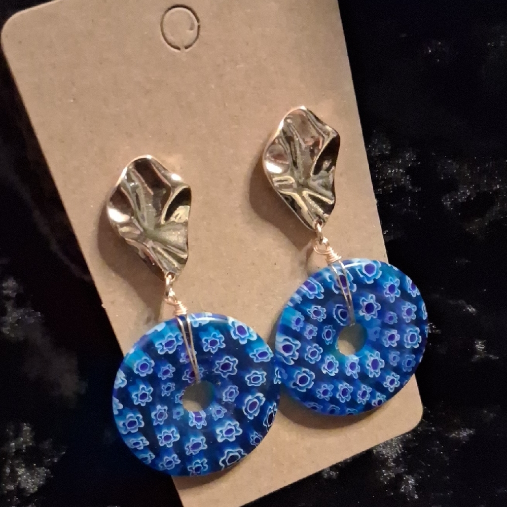 Elegant Gold &  Blue Floral Glass Donut Earrings.